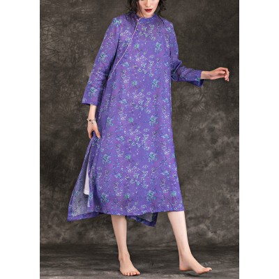 DIY purple print linen Long Shirts Fashion Neckline stand collar side open loose Summer Dresses