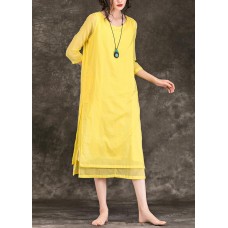 Bohemian yellow Cotton Long dress o neck patchwork Midi Summer Dresses