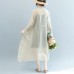 baggy off white Midi linen silk blended dresses Loose fitting casual dress fine tie waist long sleeve o neck baggy dresses