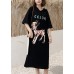 Italian o neck Half sleeve cotton Tunics Fitted Fabrics black print Robe Dresses Summer