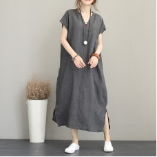 Elegant gray cotton dress trendy plus size v neck caftans 2018 side open kaftans