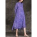 DIY purple print linen Long Shirts Fashion Neckline stand collar side open loose Summer Dresses