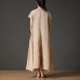 French linen clothes For Women Vintage Short Sleeve Beige Loose Women Round Neck Linen Dress