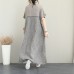 Fine gray long silk linen dress plus size patchwork linen gown fine short sleeve caftans