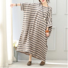 Elegant gray striped long linen dresses Loose fitting o neck gown fine batwing sleeve kaftans