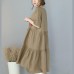 New khaki natural linen dress trendy plus size embroidery linen clothing dress 2018short sleeve caftans