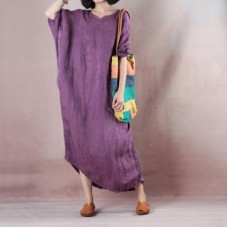 Fine purple long linen dresses oversize o neck asymmetrical design traveling clothing casual long sleeve baggy dresses