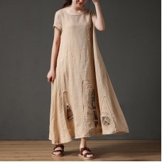 French linen clothes For Women Vintage Short Sleeve Beige Loose Women Round Neck Linen Dress