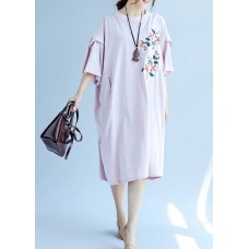 Classy pink linen dress Fashion Shirts o neck embroidery Robe Summer Dresses