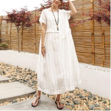 DIY linen quilting dresses Casual Linen Cotton Women Short Sleeve Stripe White Dress