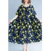 Classy navy print linen dresses plus size Work o neck short sleeve cotton robes Summer Dresses