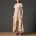 French linen clothes For Women Vintage Short Sleeve Beige Loose Women Round Neck Linen Dress